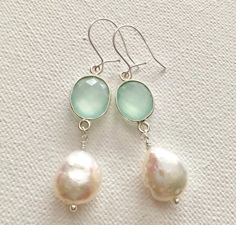 Chalcedony & Pearl Bezel Wrapped Earrings