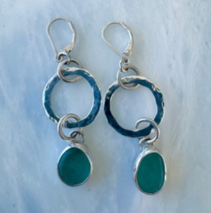 Earrings Hoops & Sea Glass Blue
