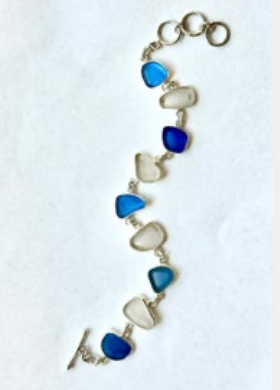 Blue and White Sea Glass Multi Bezel Bracelet by Sea Glass Gold