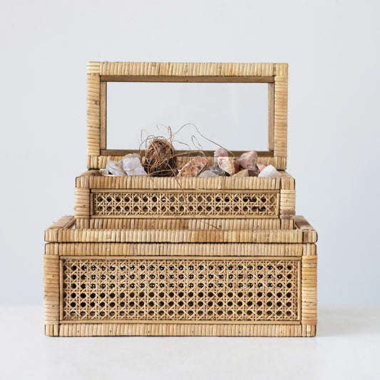 Rattan & Wood Display Boxes w/ Glass Lid (Large)