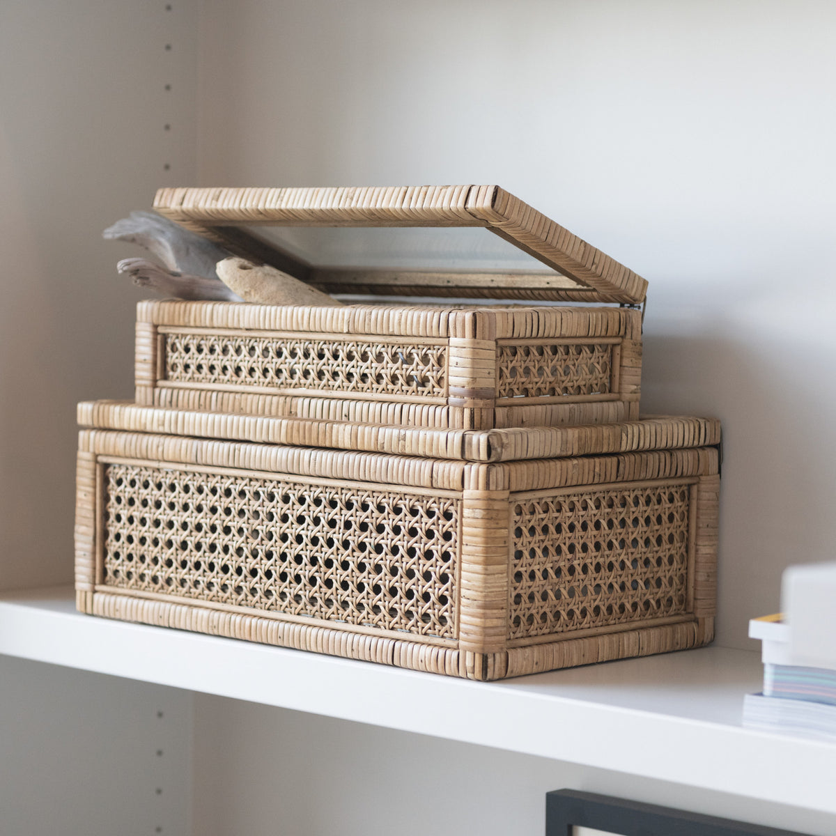 Rattan & Wood Display Boxes w/ Glass Lid (Large)