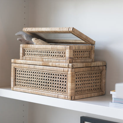 Rattan & Wood Display Boxes w/ Glass Lid (Large)