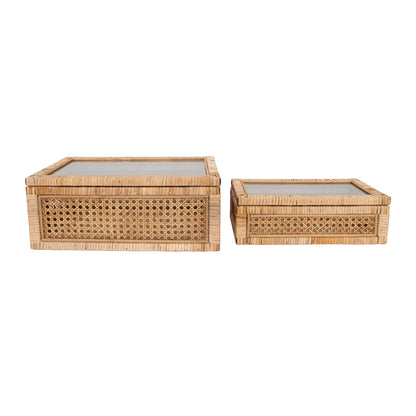 Rattan & Wood Display Boxes w/ Glass Lid (Large)