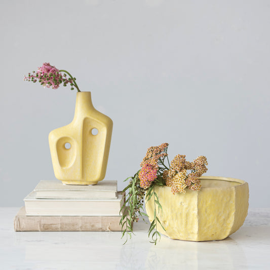Stoneware Planter, Reactive Glaze, Matte Yellow