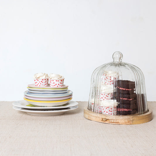 Recycled Glass Pleated Cloche with Mango Wood Base