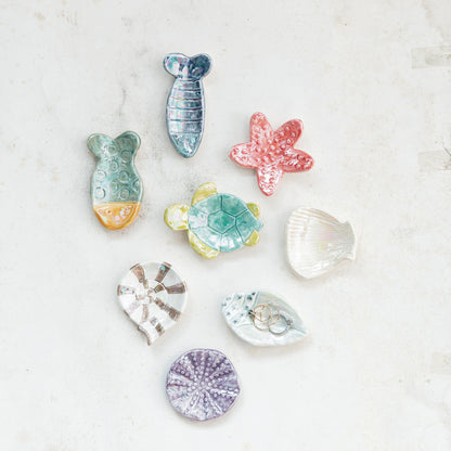 Hand-Painted Stoneware Sea Life Shaped Dish, Iridescent Finish