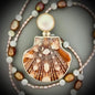 Calico Scallop Shell, Rhodolite Garnet Pendant
