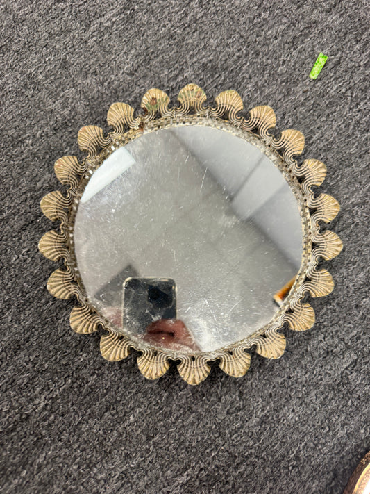 Vintage Round Scalloped Mirror Tray