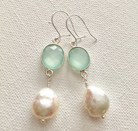 Chalcedony & Pearl Bezel Wrapped Earrings