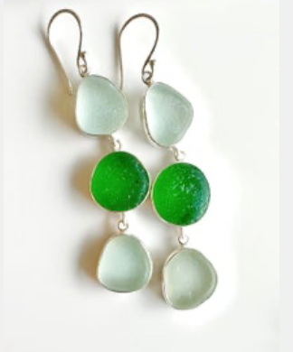 3-Stone Sea Glass Earrings – Green & Aqua