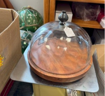 Vintage Footed Teak Glass Dome Cloche