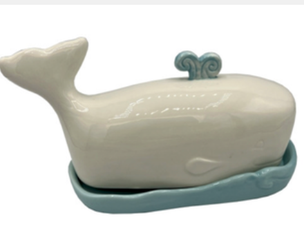 White & Light Blue Ceramic Whale Butter Dish