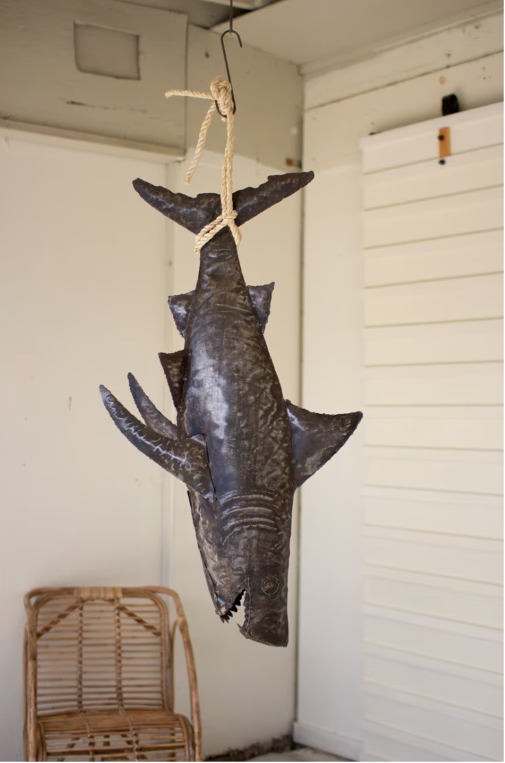 Recycled Hand-Hammered Metal 3 Dimensional Shark with Sisal Rope